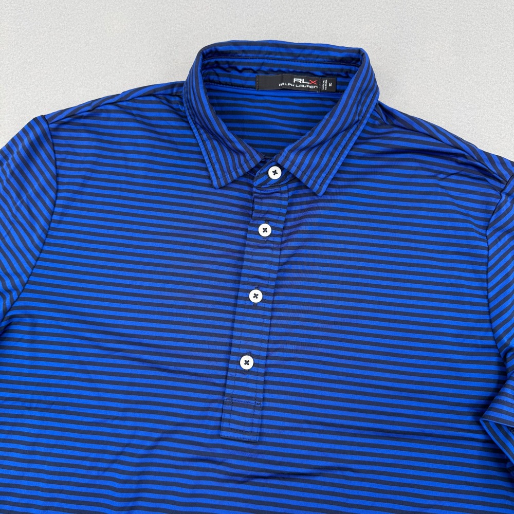 RLX Ralph Lauren Short Sleeve Golf Polo Shirt Men's M Blue Striped Lightweight